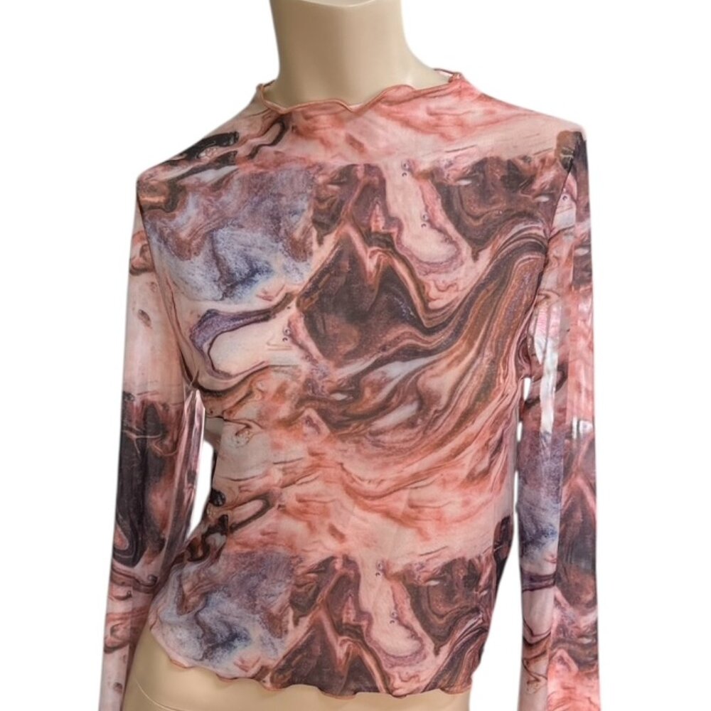 Shein Sheer Top Size L Marble Swirl All Over Print Mock Neck Retro Y2K Indie